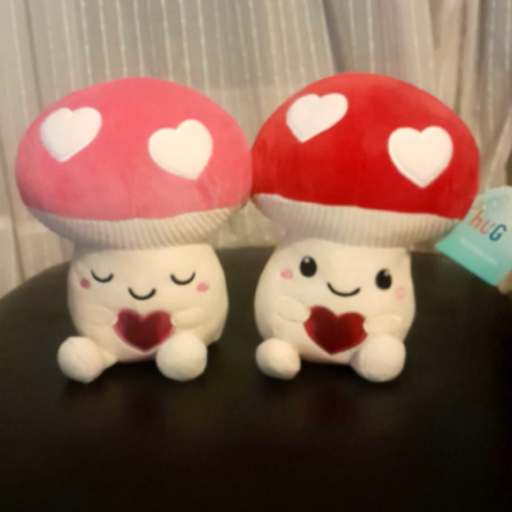 Hug Me Valentines Mushrooms Plush Pink Red White Hearts Cozy POPULAR CHARACTERS